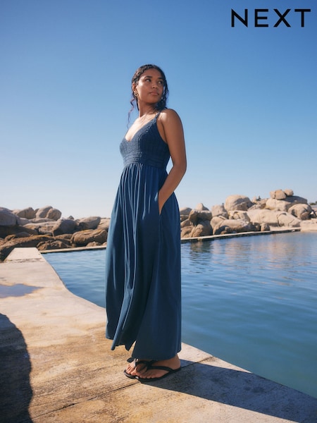 Navy Crochet Mix Midi100% Cotton Dress (AH4002) | R$ 390
