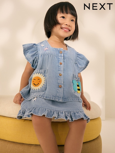 Blue Denim 100% Cotton Blouse And Skirt Co-ord Set (3mths-8yrs) (AH4011) | R$ 185 - R$ 245