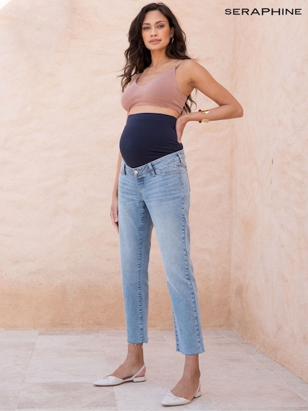 Seraphine Slim Blue Maternity Leg Frayed Hem Overbump Jeans (AH4095) | $82