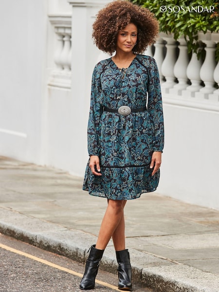 Sosandar Blue Paisley Print Fit & Flare Dress (AH4190) | R$ 680