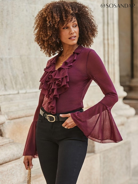 Sosandar Burgundy Red Ruffle Front Blouse (AH4267) | AED320