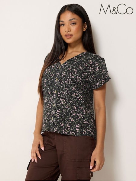 Black - M&co Petite Ditsy Button Through Blouse