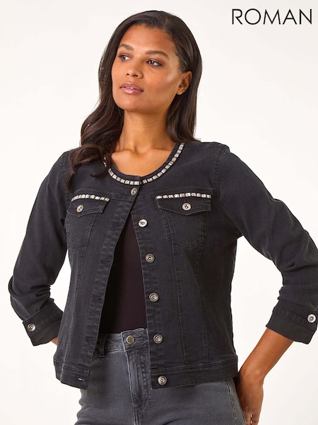 Roman Black Collarless Tape Stretch Denim Jacket (AH4440) | €68