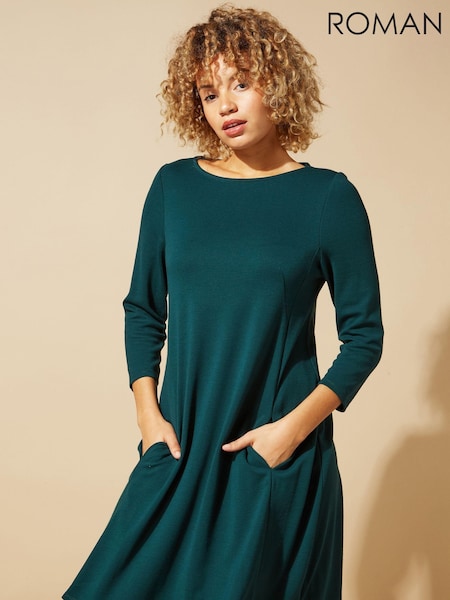 Roman Green A-Line Pocket Detail Swing Dress (AH4449) | R$ 510