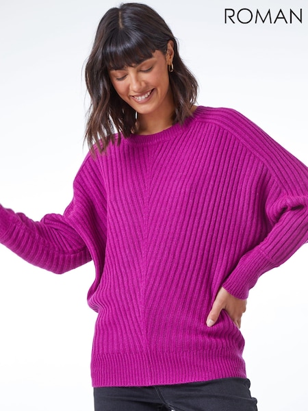 Roman Pink Ribbed Chevron Print Batwing Jumper (AH4450) | €46