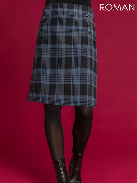 Roman Blue Check Print Zip Pocket A-Line Skirt (AH4463) | €40