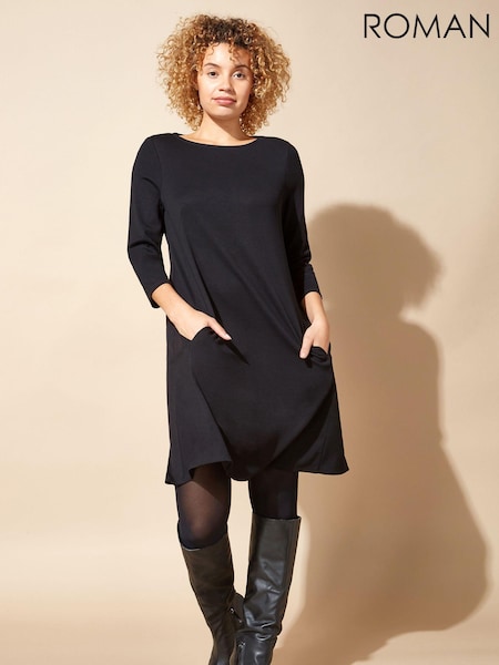 Roman Black A-Line Pocket Detail Swing Dress (AH4469) | R$ 510