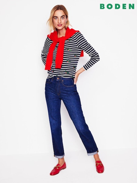 Boden Blue 100% Cotton Festive Holly Ella Long Sleeve Breton T-Shirt (AH4630) | €29
