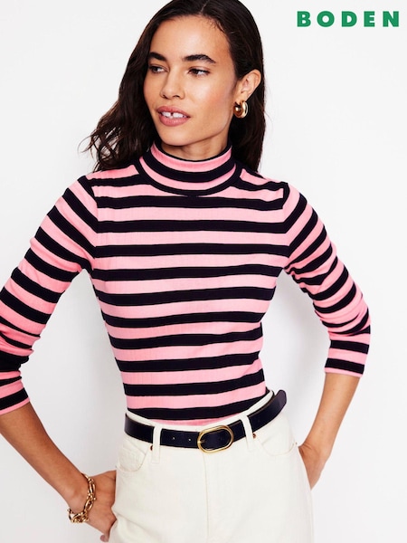 Boden Pink 100% Cotton Anna Rib Roll Neck Top (AH4649) | €32
