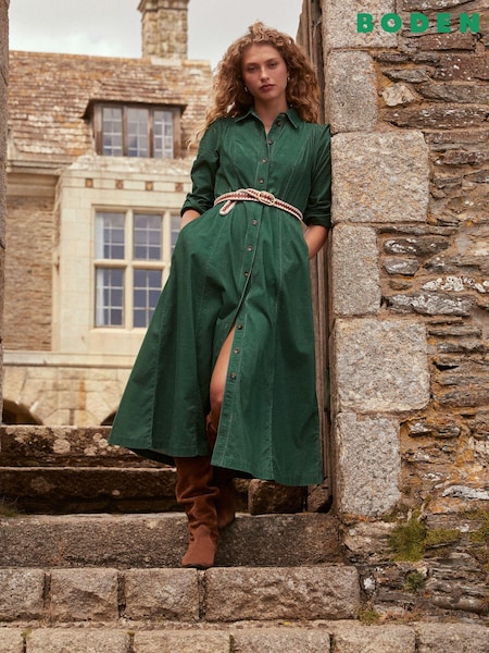 Boden Green 100% Cotton Aubrey Cord Midi Shirt Dress (AH4709) | 309 QAR