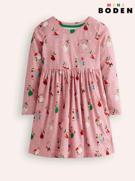Boden Pink 100% Cotton Festive Long Sleeved Fun Jersey Dress (AH4749) | €14.50 - €17.50