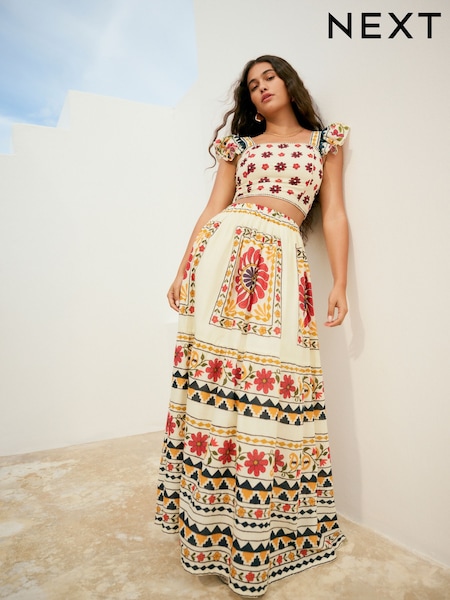 Cream Embroidered Elasticated Waist 100% Cotton Maxi Skirt (AH4824) | € 76