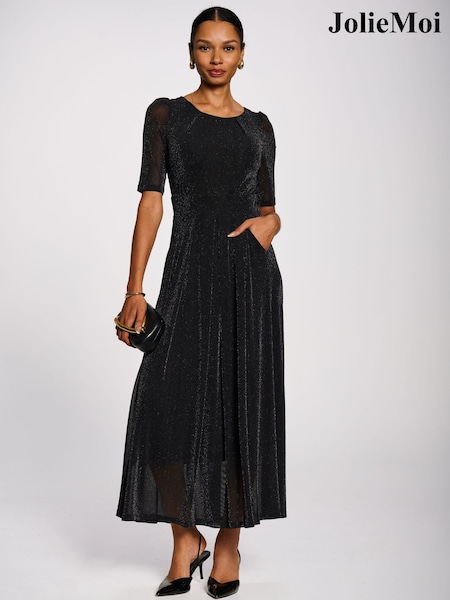 שחור - Jolie Moi Short Sleeve Sheen Mesh Maxi Dress