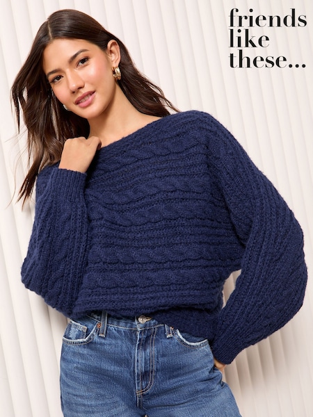 Marinha - Friends Like These Cable Batwing Knitted Jumper (AH5424) | R$ 395