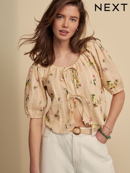 Natural Floral Print Tie Front Puff Short Sleeve Top (AH5471) | €27