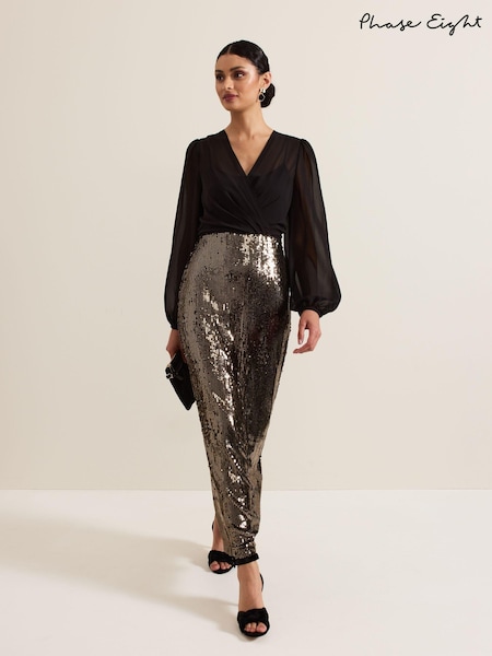 Phase Eight Black Aniya Sequin Long Sleeved Maxi Dress (AH5517) | AED811