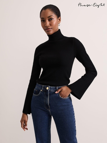 Phase Eight Black Fran Fluted Sleeve Ribbed Roll Neck Jumper (AH5525) | €95