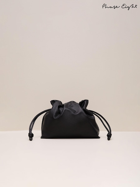 Phase Eight Black Leather Drawstring Soft Pouch Bag (AH5538) | €164