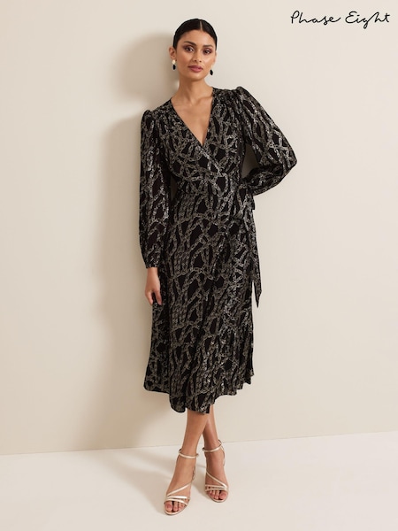 Phase Eight Black Jazminda Shimmer Wrap Midi Dress (AH5551) | €108