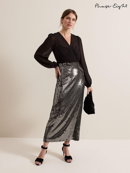 Phase Eight Black Petite Aniya Sequin Long Sleeved Maxi Dress (AH5559) | AED695