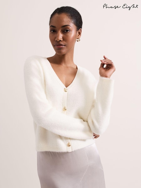 Phase Eight Cream Mindy Fluffy Knit V-Neck Cardigan (AH5560) | AED259