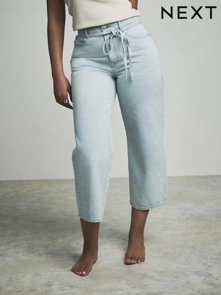 Выбеленные - 100% Cotton Hourglass Belted Cropped Wide Leg Jeans (AH5590) | €36