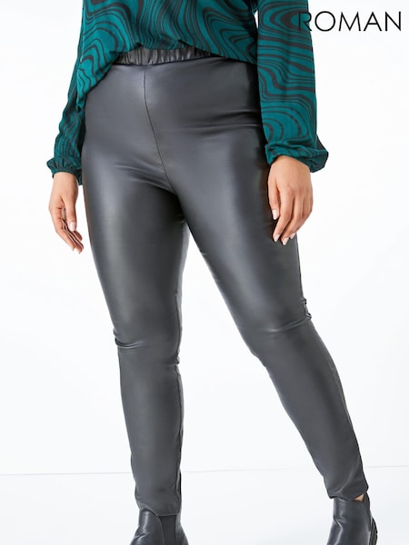 Roman Black Curve Faux Leather Elastic Waist Trousers (AH5631) | €45