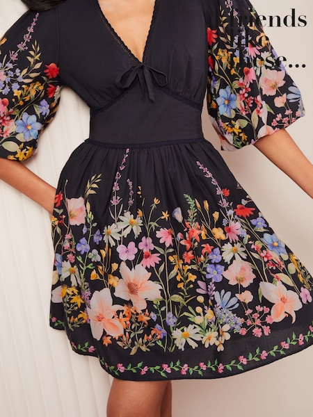 Friends Like These Black Floral Print V-Neck Puff Sleeve Placement Print 100% Cotton Mini Dress (AH5663) | OMR27