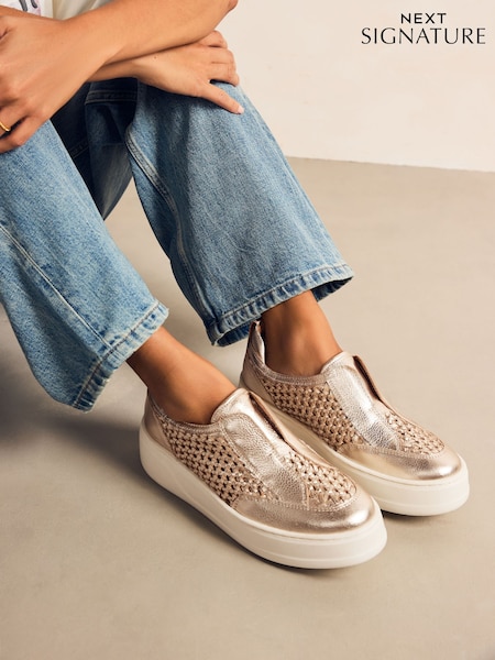 Gold Slip On Signature Forever Comfort® Leather Chunky Wedge Platform Trainers (AH5685) | $121
