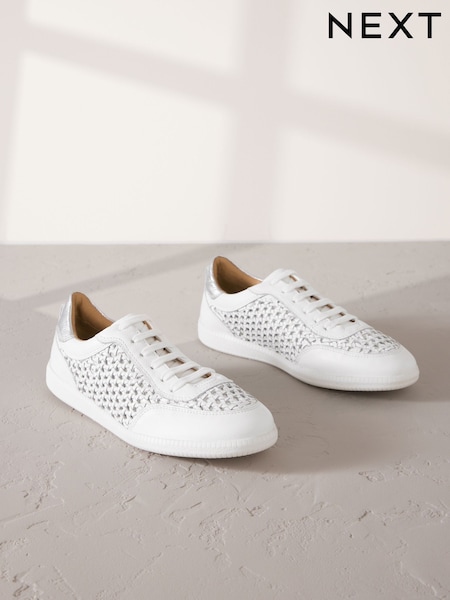 White Forever Comfort® Leather Round Toe Weave Slim Lace Up Trainers (AH5692) | €82