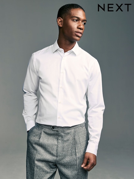 White Slim Fit Easy Care Textured Single Cuff Smart Shirt (AH5732) | 160 zł