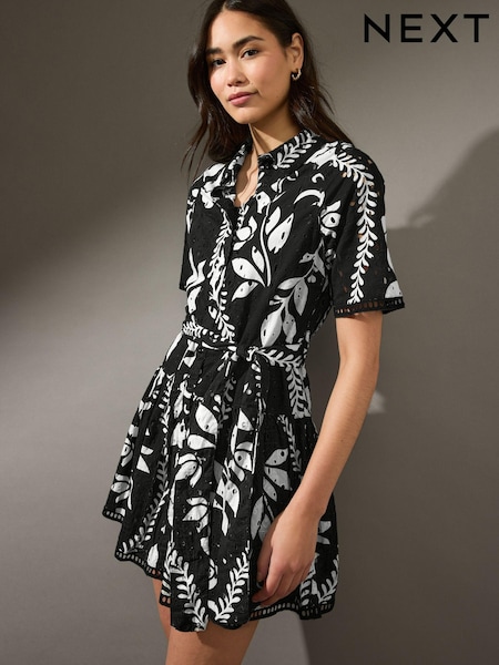 Black/White Mini Broderie Short Sleeve Tie Waist 100% Cotton Shirt Dress (AH5753) | OMR25