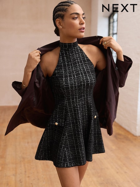 Black Check Bouclé Textured Halter Neck Mini Dress (AH5756) | €38