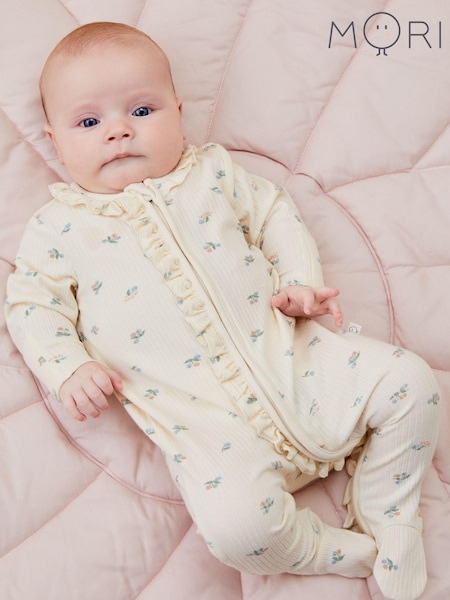 MORI Cream Floral Organic Cotton and Bamboo Zip-Up Sleepsuit (AH5873) | 144 LEI