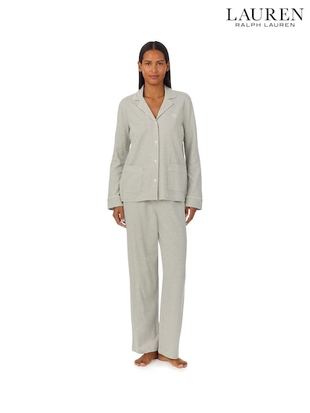 Lauren Ralph Lauren Grey Herringbone Knit Notch Collar 100% Cotton Pyjamas (AH6432) | R$ 1,375