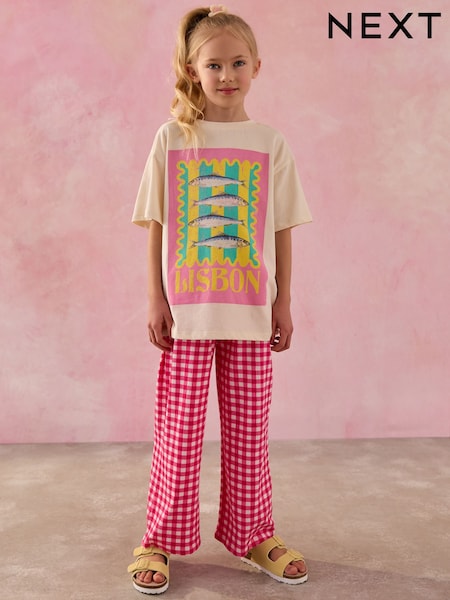 Pink Graphic T-Shirt And Wide Leg Gingham Trousers Set (3-16yrs) (AH6442) | €26 - €35