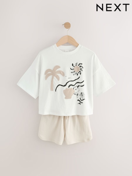 Cream Crochet Applique 100% Cotton T-Shirt And Shorts Set (3-16yrs) (AH6446) | 700 UAH - 947 UAH