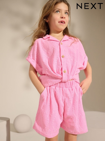 Pink Broderie Textured Shirt And Shorts Set (3-16yrs) (AH6464) | €25 - €33