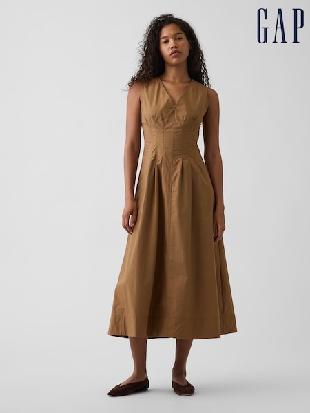 Brown - Gap Poplin V-neck Cinched Maxi Dress
