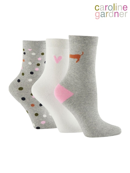 Caroline Gardner Grey Sausage Dog Crew Socks 3 pack (AH6490) | AED41