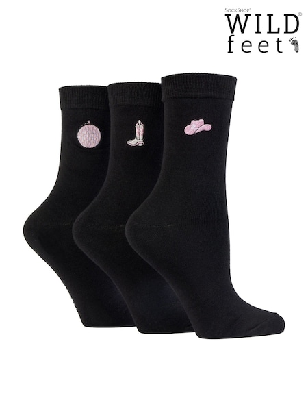 Wild Feet Black West Embroidery Crew Socks 3 Pack (AH6497) | €17.50