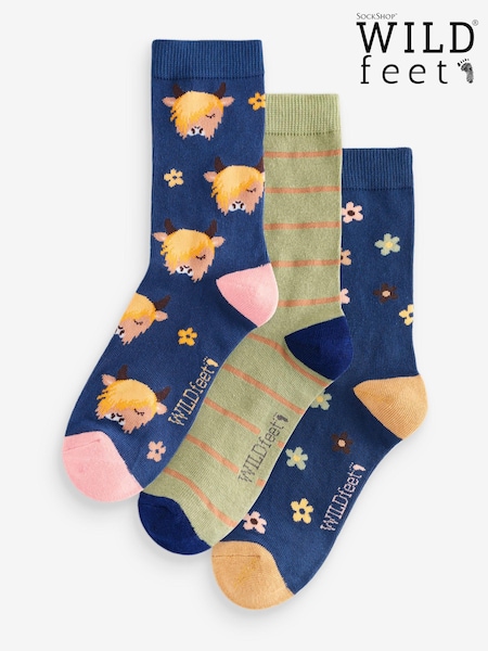 Wild Feet Blue Highland Cow Socks 3 Pack (AH6502) | AED41