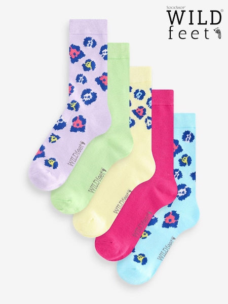 Wild Feet Blue Bamboo Leopard Print Socks 5 pack (AH6532) | AED41