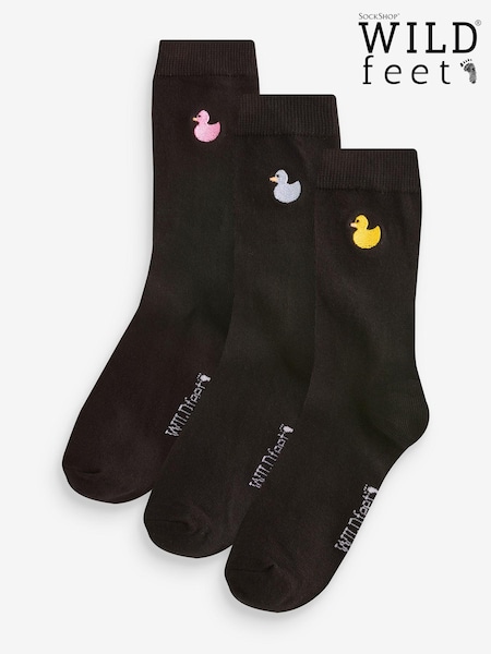 Wild Feet Black Rubber Duck Embroidery Crew Socks 3 Pack (AH6554) | AED41