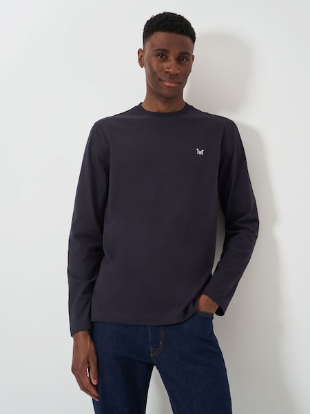 Crew Clothing Company Blue Plain Long Sleeve 100% Cotton T-Shirt (AH6594) | 86 QAR