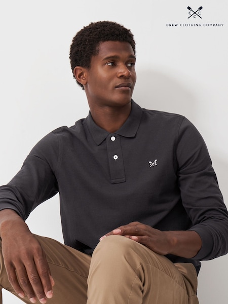 Crew Clothing Grey Long Sleeve 100% Cotton Polo Shirt (AH6597) | 111 QAR