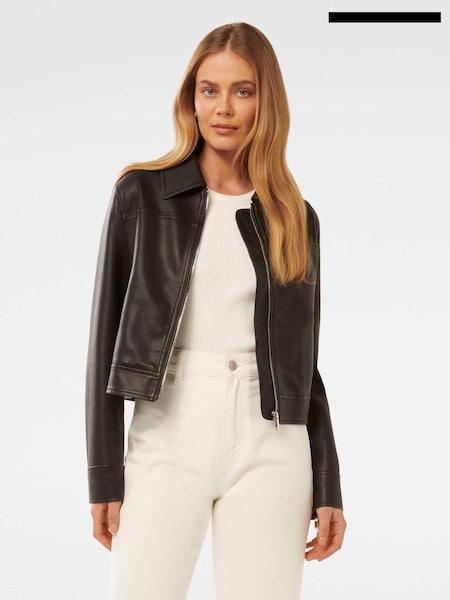 Forever New Black Larissa Top Collar Vegan Leather Jacket (AH6732) | €75