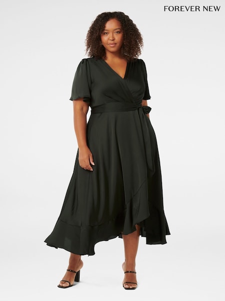 Forever New Green Sienna Curve Satin Wrap Ruffle Dress (AH6735) | €59