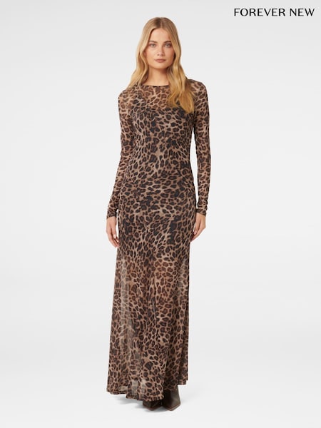 Forever New Brown Leopard Print Libby Mesh Spliced Maxi Dress (AH6741) | R$ 940