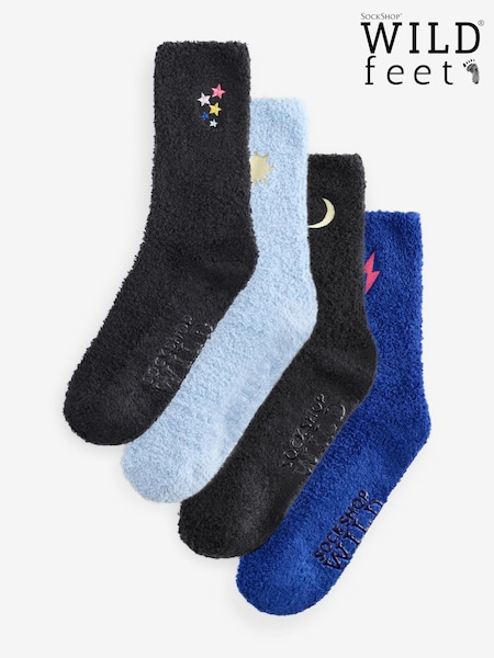 Wild Feet Blue Embroidered Cosy Lounge Socks 4 Pack (AH6764) | €10